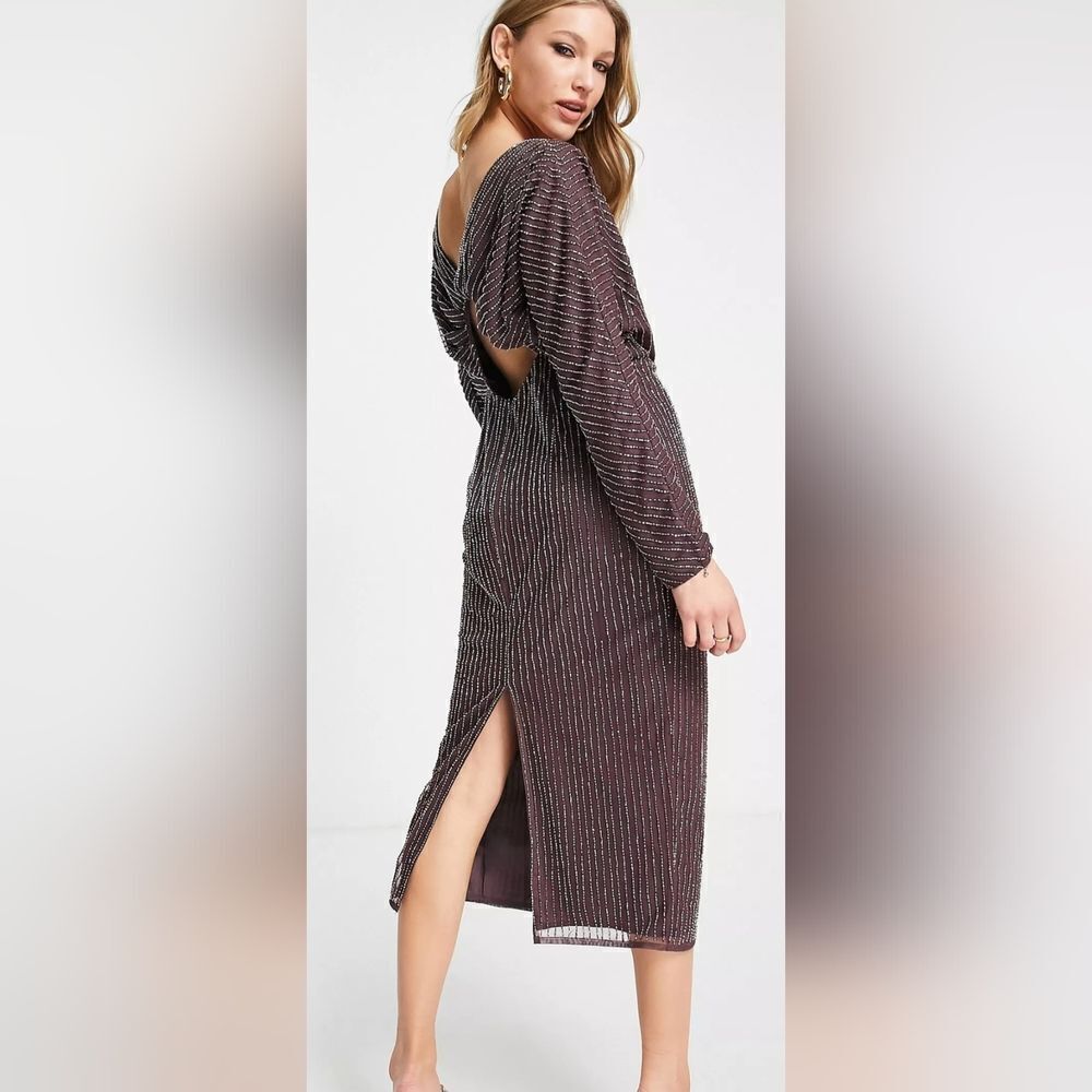 ASOS DESIGN gold linear embellished batwing midi dress in mauve NWT size 0 - Picture 2 of 6